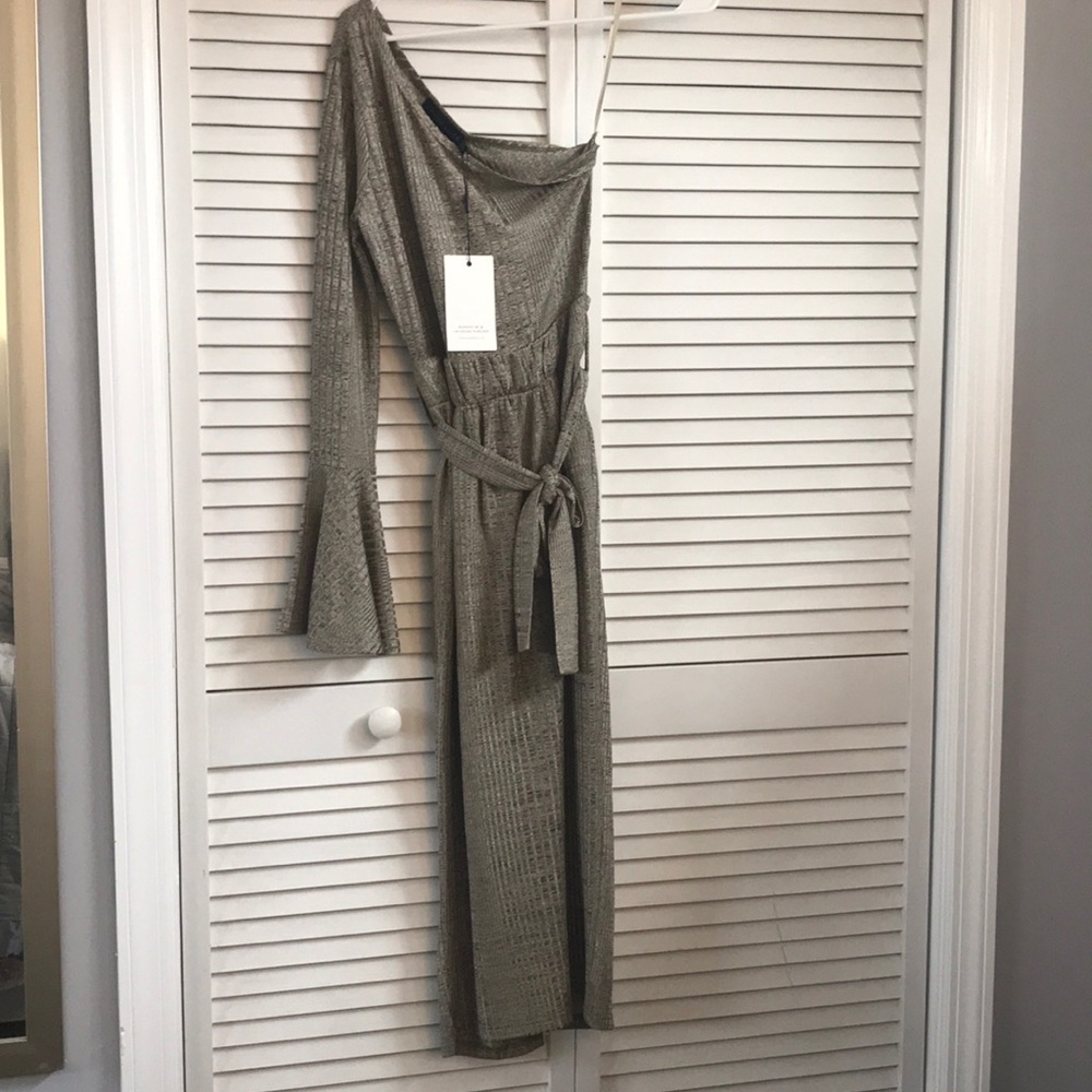 One Shoulder Rib Knit Paper Bag Waist Midi Dress